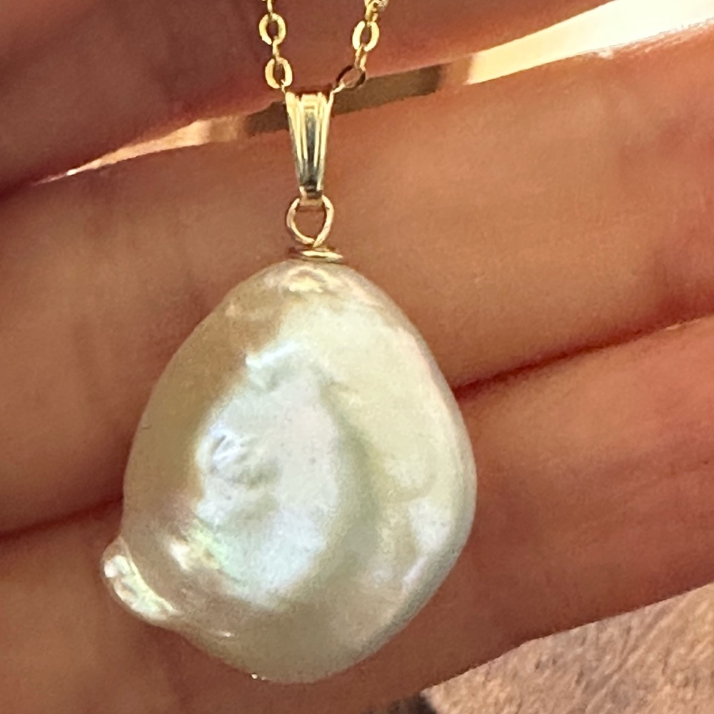 White Cultured Teardrop Coin Pearl on 14K Gold Plate Chain - 16 or 18 Inches